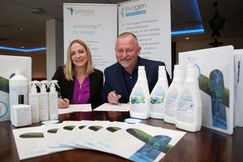 Dr Emma Saunders of Genesis Biosciences and Andy Bottrill of Admiral Cleaning Supplies, signing a distribution contract