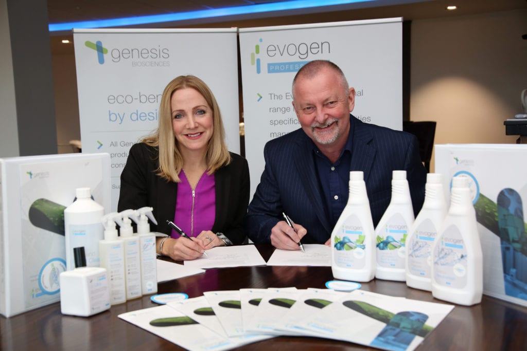 Dr Emma Saunders of Genesis Biosciences and Andy Bottrill of Admiral Cleaning Supplies, signing a distribution contract