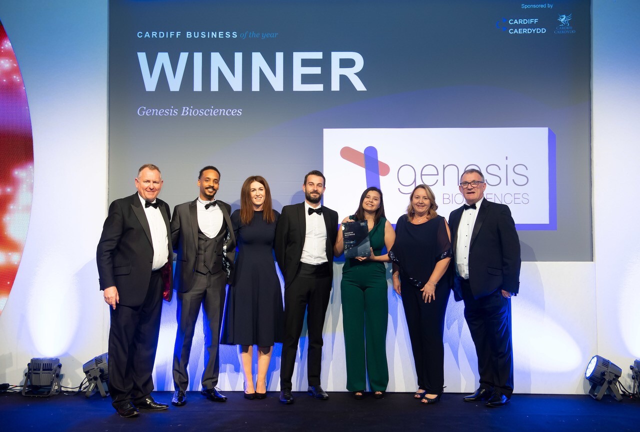 Genesis Biosciences team onstage for ‘Cardiff Business of the Year’ award